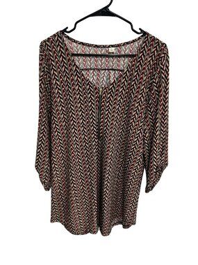 Tacera Chevron Print 3/4 Roll Tab Sleeve Front Zipper Top Size Large Preppy Chic